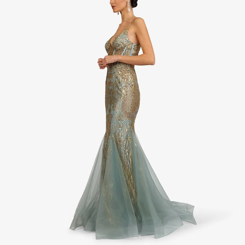 Kraimod Abendkleid Elegantes Abendkleid mit tiefem V-Ausschnitt und s türkis-gold(Image 3)