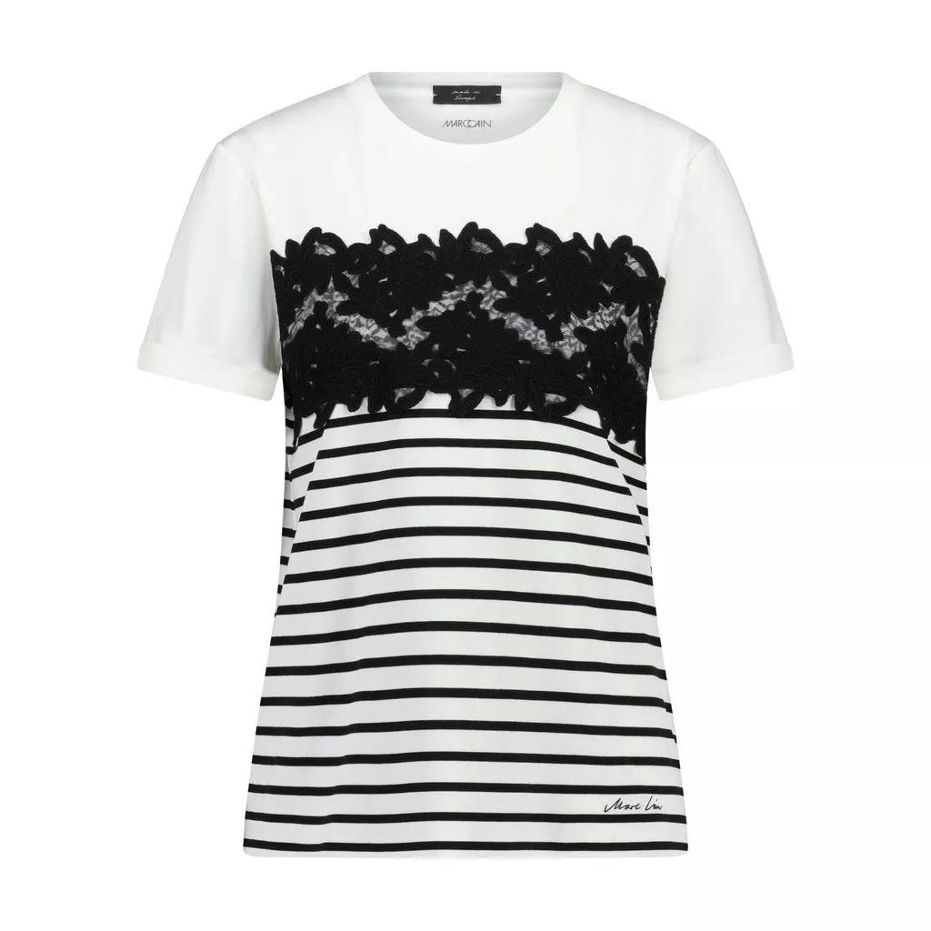 Marc Cain - Gestreiftes T-Shirt mit Spitze - Größe 36 - white