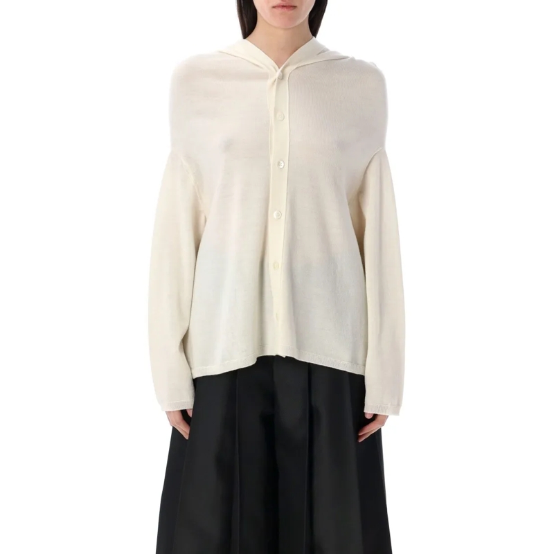Comme des Garcons Strickjacke Wool Hooded Cardigan With Button Closure And Ribbe Neutrals