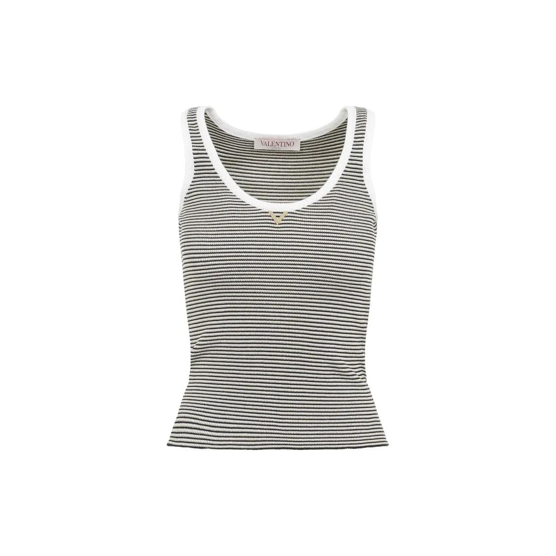 VALENTINO - Knit Ivory And Navy Blue Cotton Tank Top - Größe M - blau