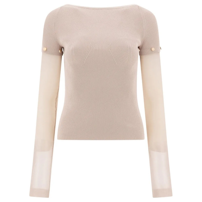 Max Mara Sweatshirt Ribbed Cotton T-Shirt With Sheer Sleeves Neutrals