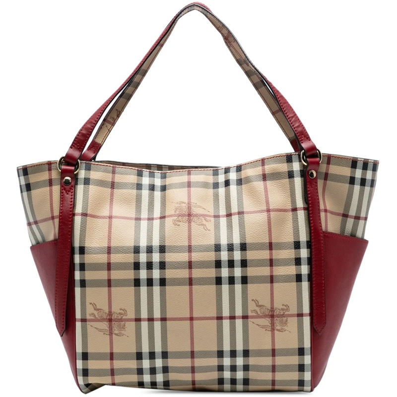 Burberry Shopper Small Leather Trimmed Haymarket Check Coated Canva braun