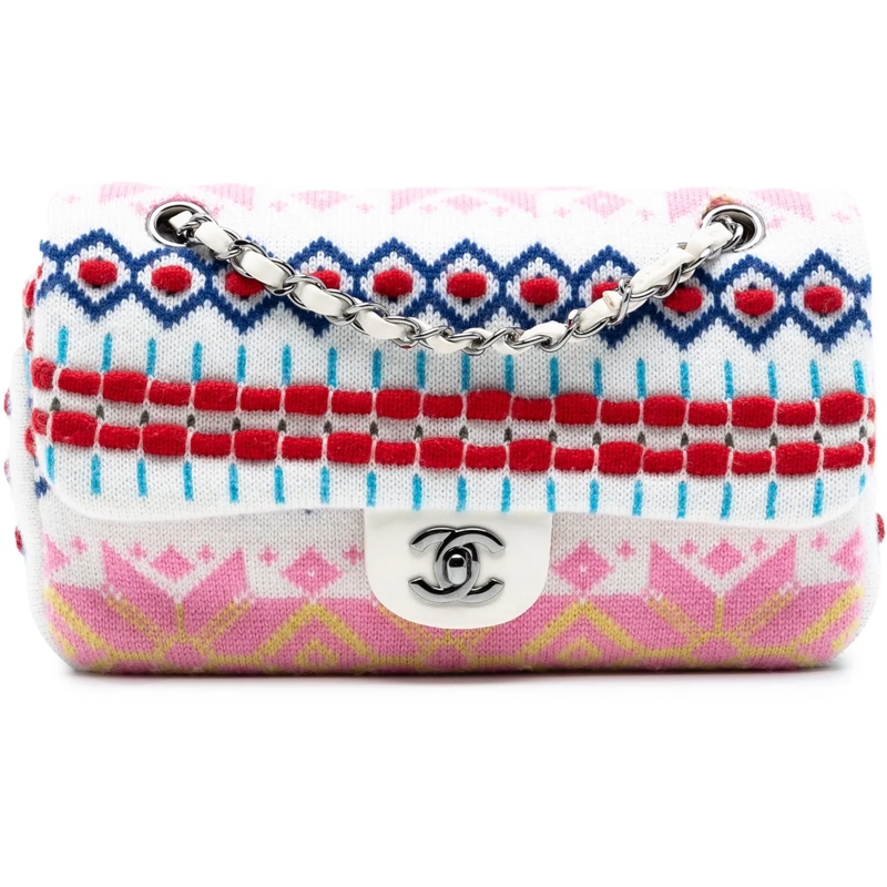 Chanel Schultertasche Medium Classic Multicolor Cashmere Knit Single Fla weiß