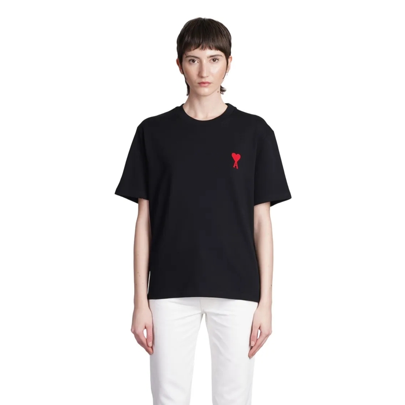 AMI Paris T-shirt Short-Sleeved T-Shirt With Iconic Red Heart Embroi Black