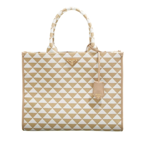 Prada Large Prada Symbols Handbag In Embroidered Fabric Beige/Chalk White Rymlig shoppingväska