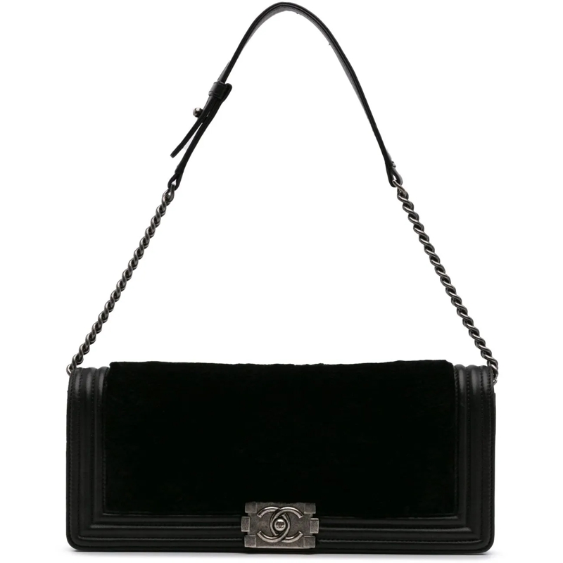 Chanel Sac à bandoulière Shearling East West Boy Flap schwarz