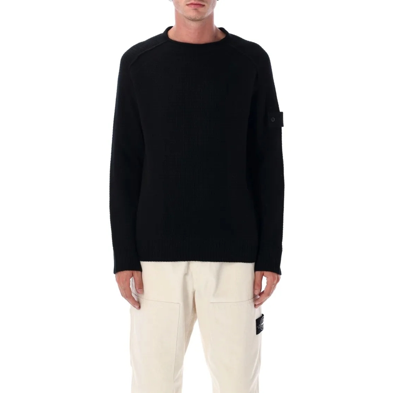 Stone Island Trui Black Wool Fisherman Rib Jumper Black
