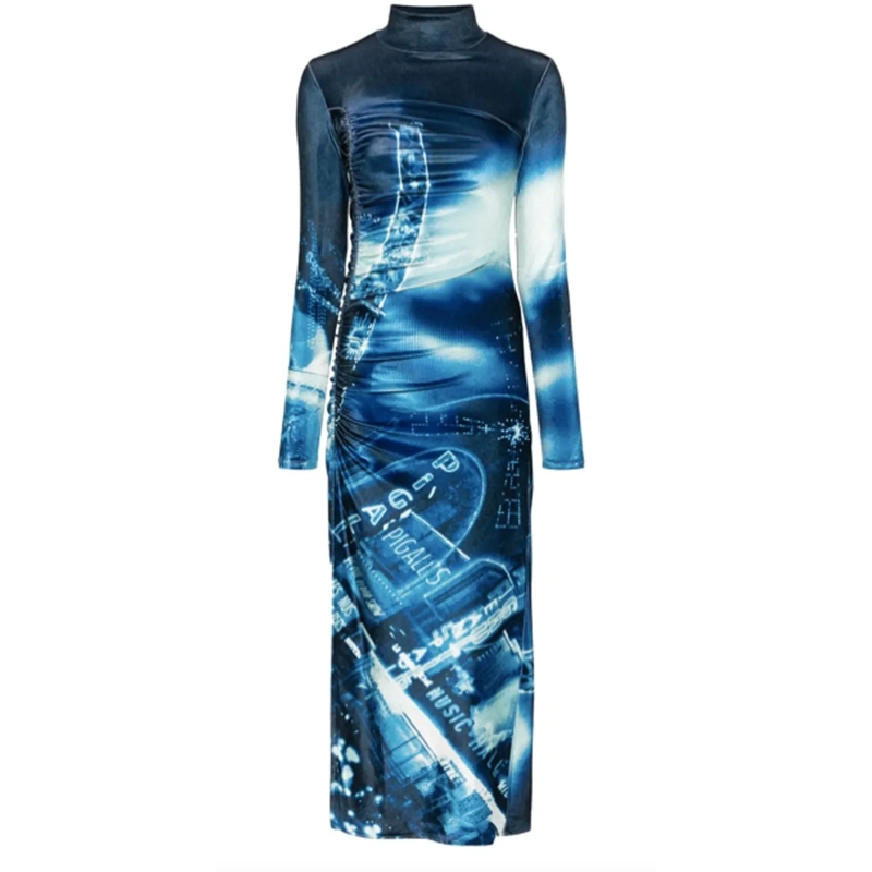 Jean Paul Gaultier Midikleid Gathered Velvet Long Dress Printed "pigalle" Navy/ blau