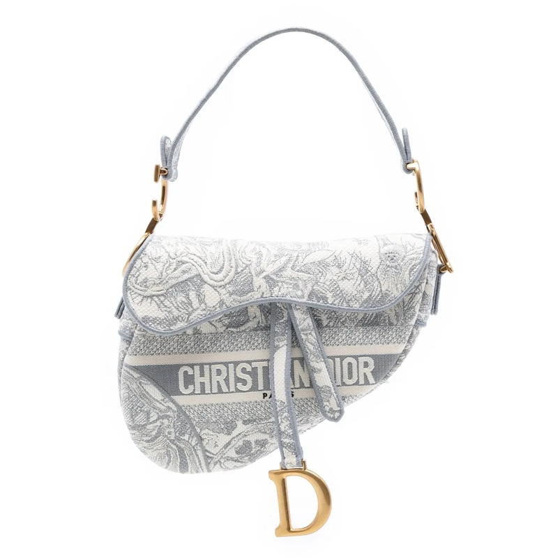 Christian Dior Schultertasche Canvas Embroidered Toile de Jouy Saddle Bag grau
