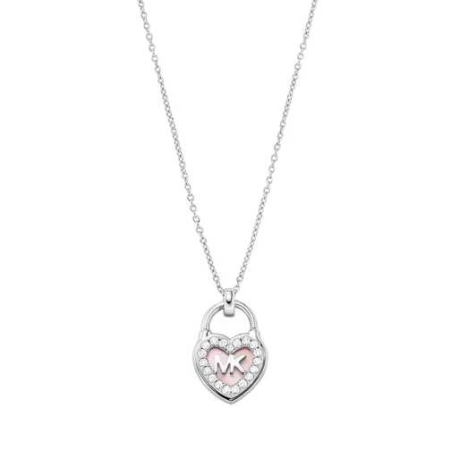 Michael Kors 14K Mother of Pearl Heart Lock Pendant Necklace Silver Kurze Halskette