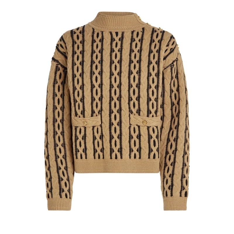 Karl Lagerfeld Gestricktes Oberteil Strickpullover mit Zopfmuster und Stehkragen nougat