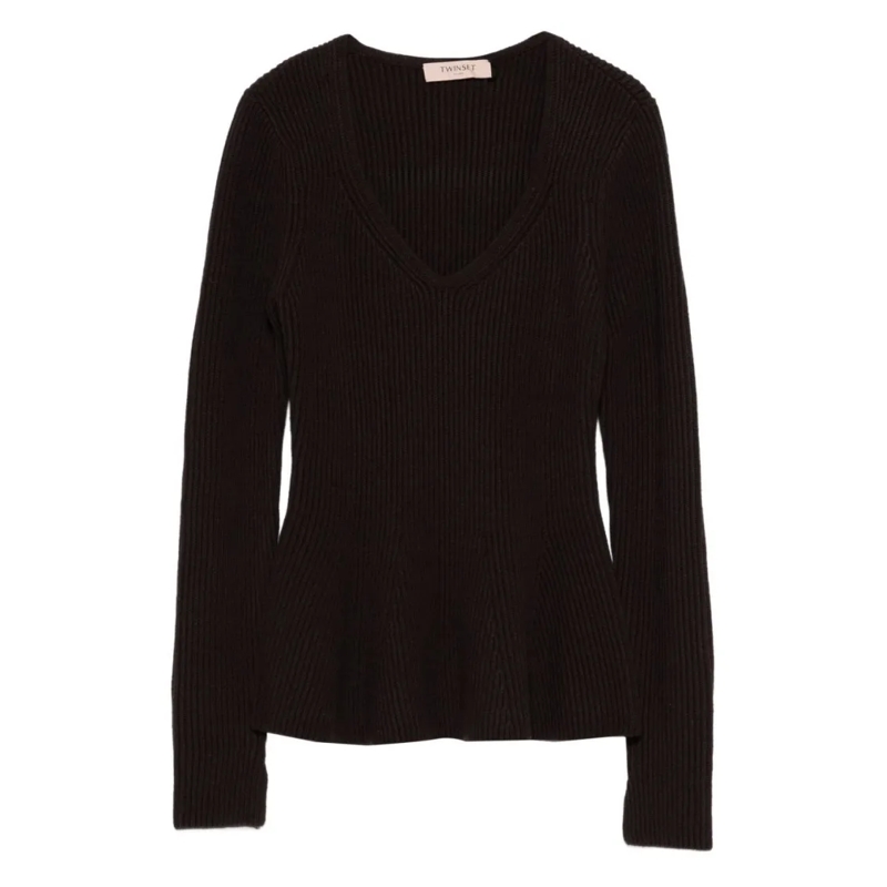 Twin-Set Pull Fitted Ribbed Knit Sweater With Deep V-Neckline Black