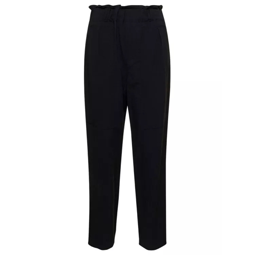 Plain Black Cargo Pants With Gathered Waist In Linen Ble Black Cargo-Hose