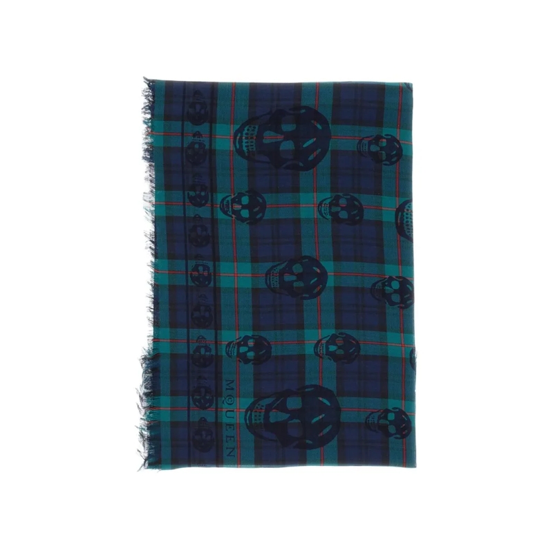 Alexander McQueen Écharpe légère Tartan Scarf With Printed Skulls And Fringed Edges Blue