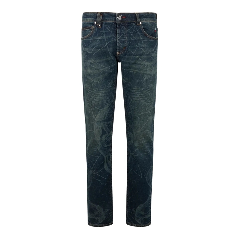 Philipp Plein Jeans mit geradem Bein Printed Super Straight Cut Jeans Tattoo blau