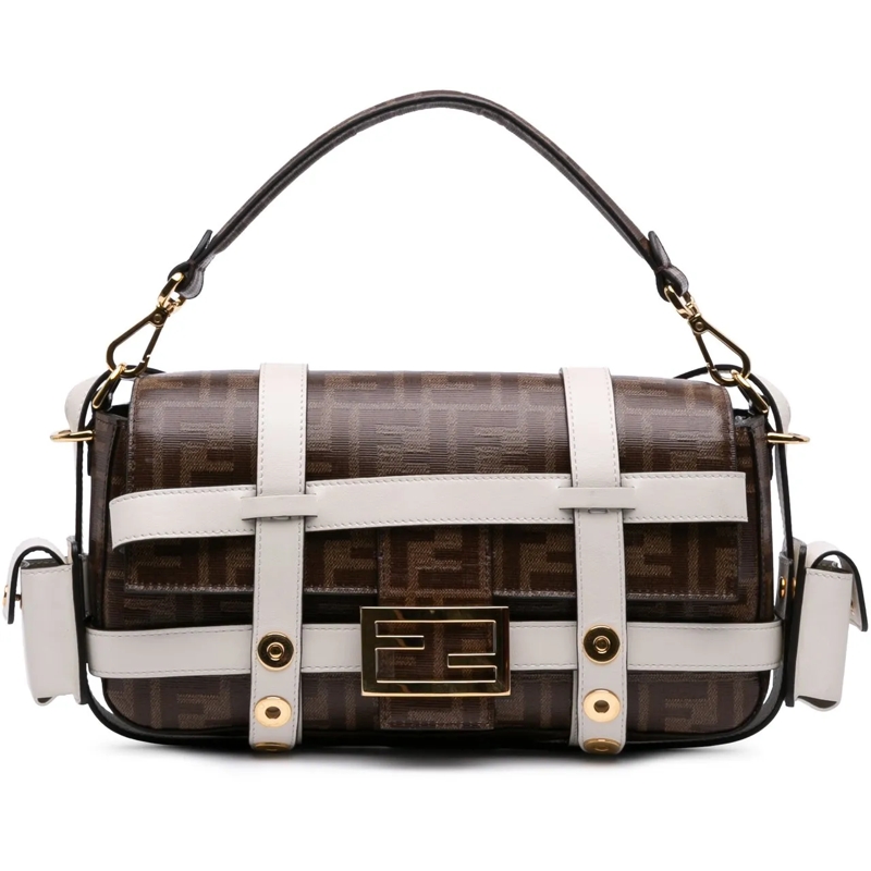 Fendi Schultertasche Zucca Glazed Fabric Cage Baguette Satchel braun