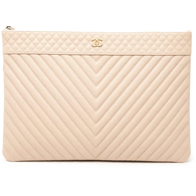Chanel Pochette Large Quilted Caviar Chevron O Case Zip Pouch braun
