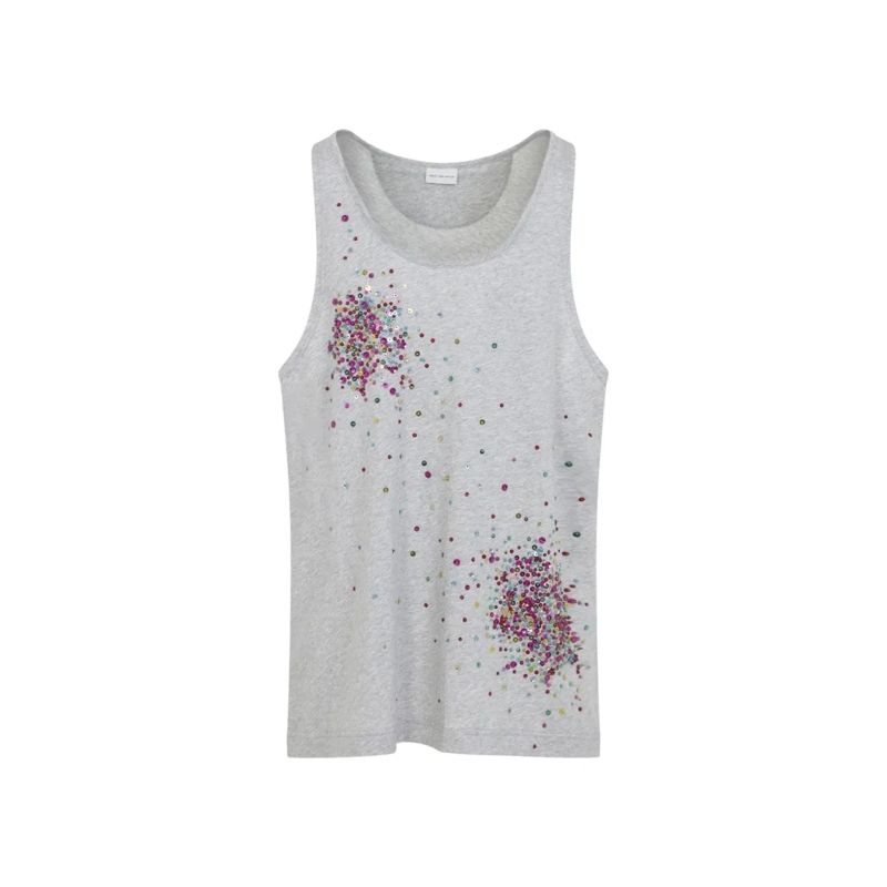 Dries Van Noten T-shirt Sleeveless Cotton Top With Asymmetric Sequin Detai White