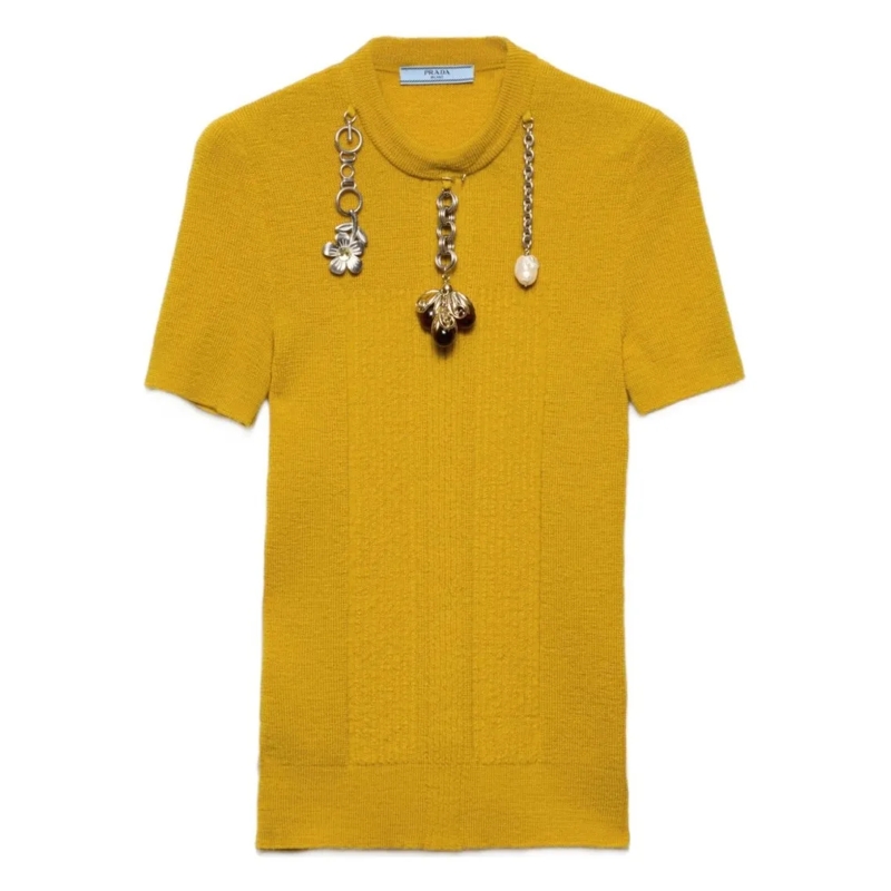 Prada Trui Fitted Textured Wool Sweater With Decorative Charm Yellow