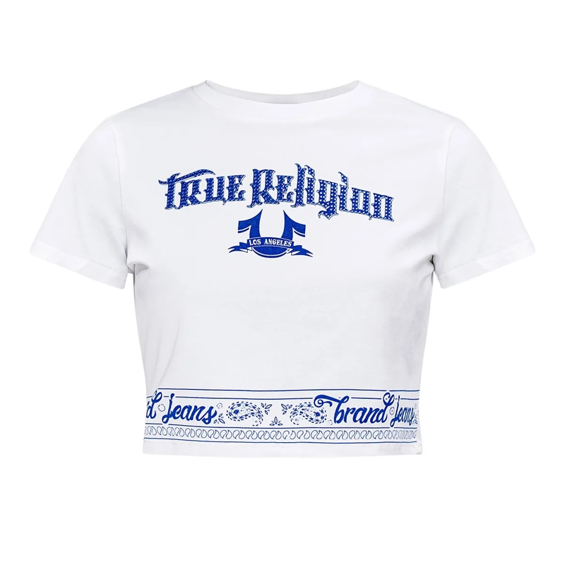 True Religion T-Shirt - Bandeau-Shirt- Enganliegend- Markanter Grafik. weiss