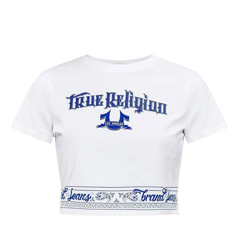 True Religion T-Shirt - Bandeau-Shirt- Enganliegend- Markanter Grafik. weiss