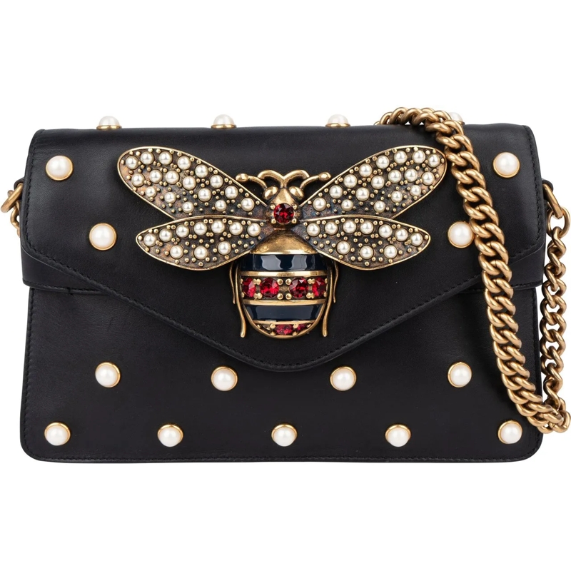 Gucci Schultertasche Gucci Black Leather Queen Margret Bee Crossbody Ba schwarz