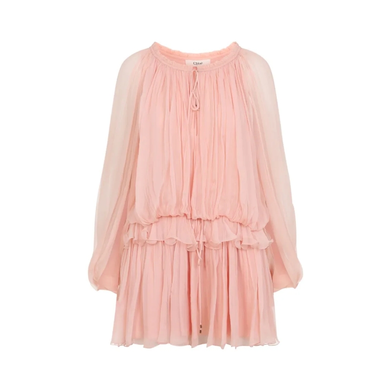 Chloé Minikleid Silk Dress With Ruffled Waistline Pink