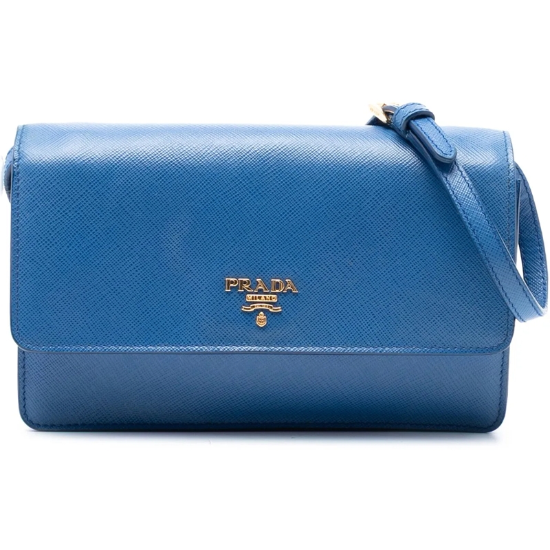 Prada Schultertasche Saffiano Wallet on Strap blau