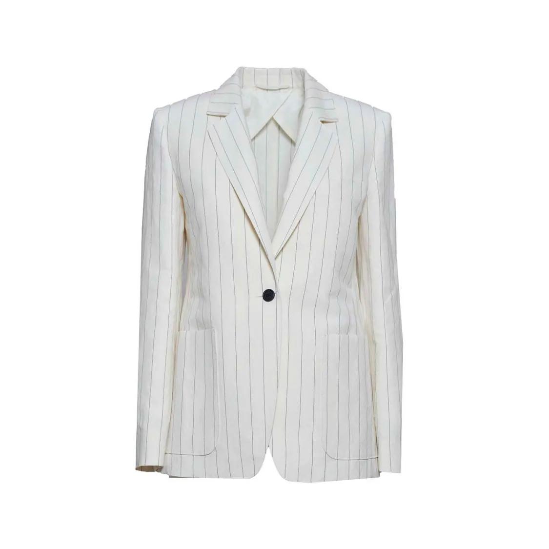 ボトムスその他 Max Mara Micron Single-Breasted Jacket In White Pinstriped Max Mara Micron Single-Breasted Jacket In White Pinstriped