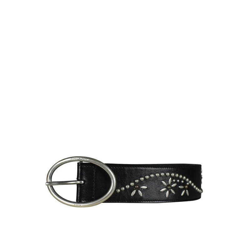 Saint Laurent Riem Floral-Studded Leather Belt With Silver-Plated Buc Black