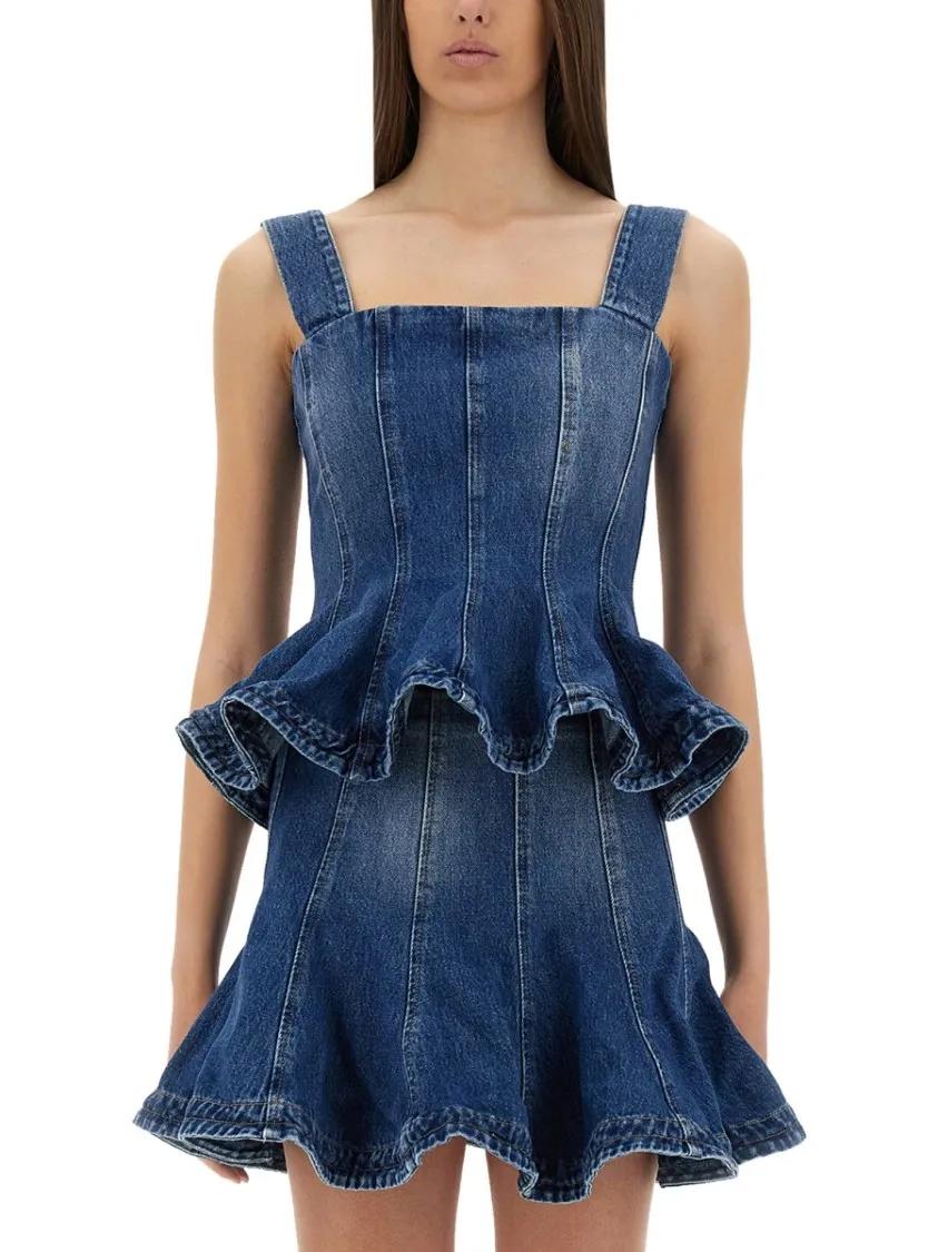 Thumbnail - MSGM - Structured Denim Top With Ruffled Hem - Größe 40 - blau