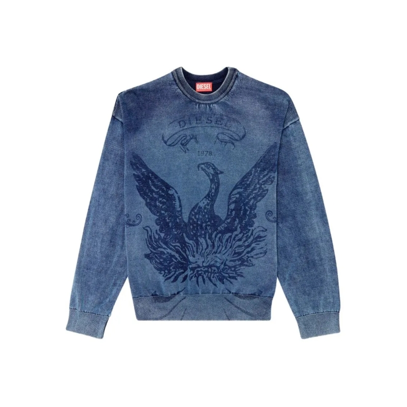 Diesel Pullover Denim Blue Phoenix Graphic Crew Neck Sweater Blue