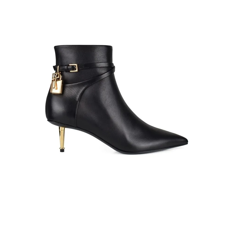 Tom Ford Stiefel Pointed Black Leather Ankle Boots With Gold Lock C Black