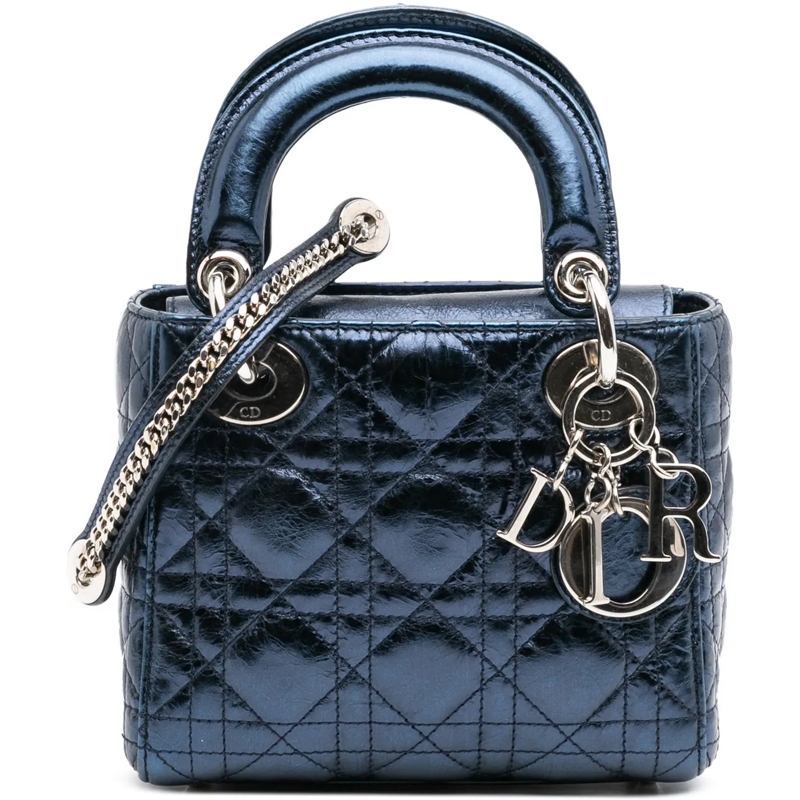 Christian Dior Schultertasche Mini Crinkled Calfskin Cannage Lady Dior blau