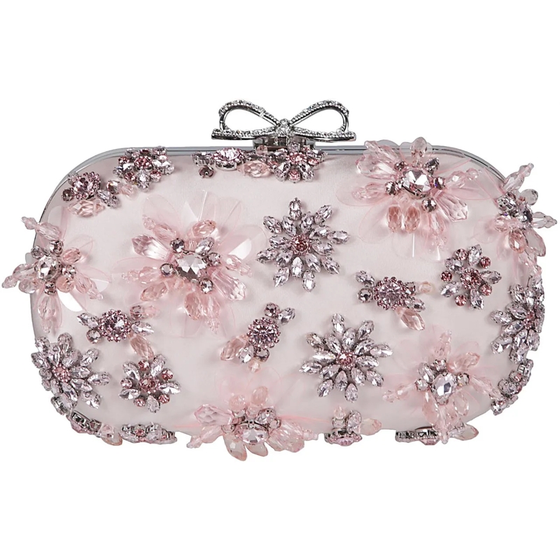Self Portrait Tote Satin Floral Crystal Clutch Bag Pink & Purple rose