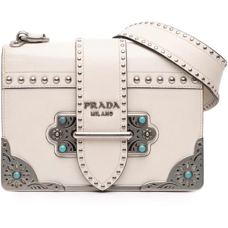 Prada Sac à bandoulière City Calf Studded Folk Cahier Crossbody weiß