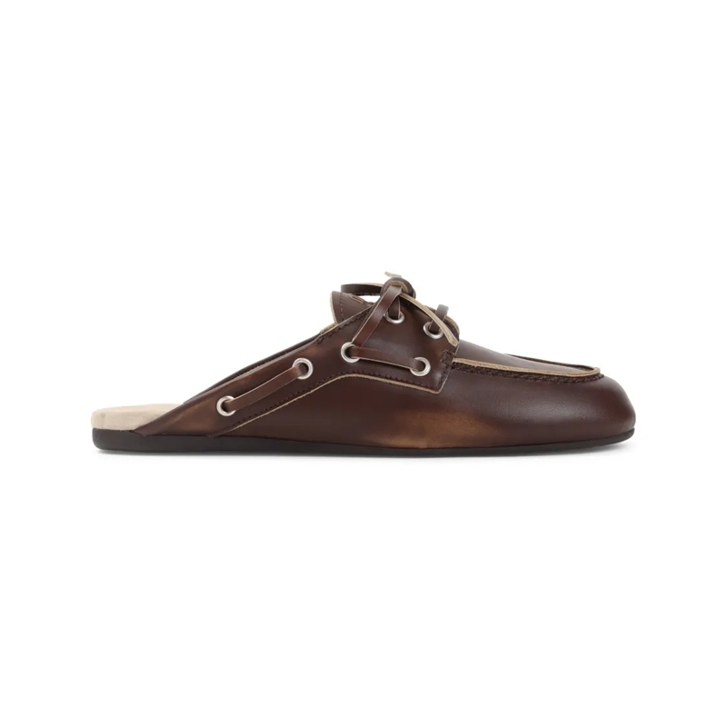 Miu Miu Mules Bespoke Calf Leather Slippers With Lace-Up Accents Brown
