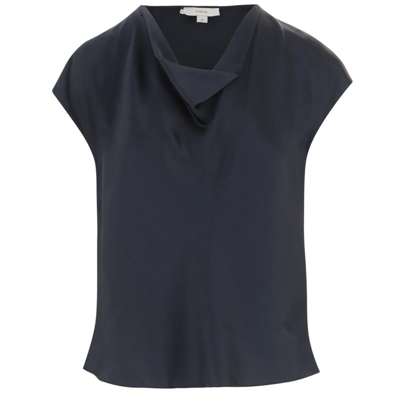 Vince Blouse Hooded Silk Satin Shirt With Front Draping Black