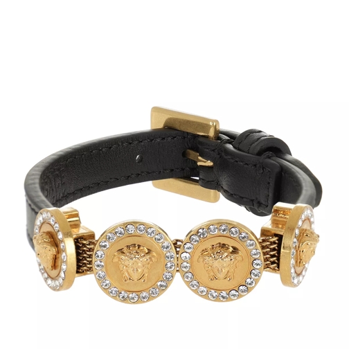 Versace Logo Leather Bracelet with Crystals Black/Crystal/Tribute Gold Armband