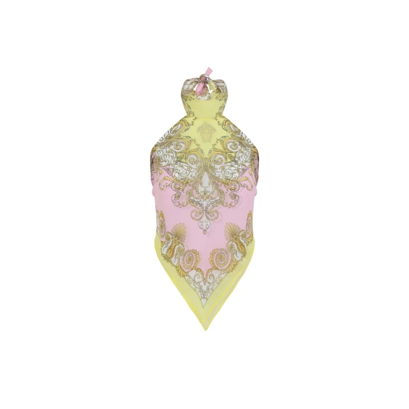 Versace Bluse Halterneck Sheer Top With Barocco Print Yellow
