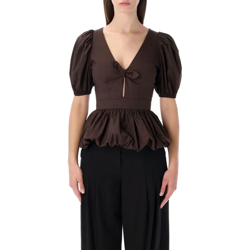 Rotate Top Fitted Puff-Sleeve Bubble Top With Deep V-Neck Brown