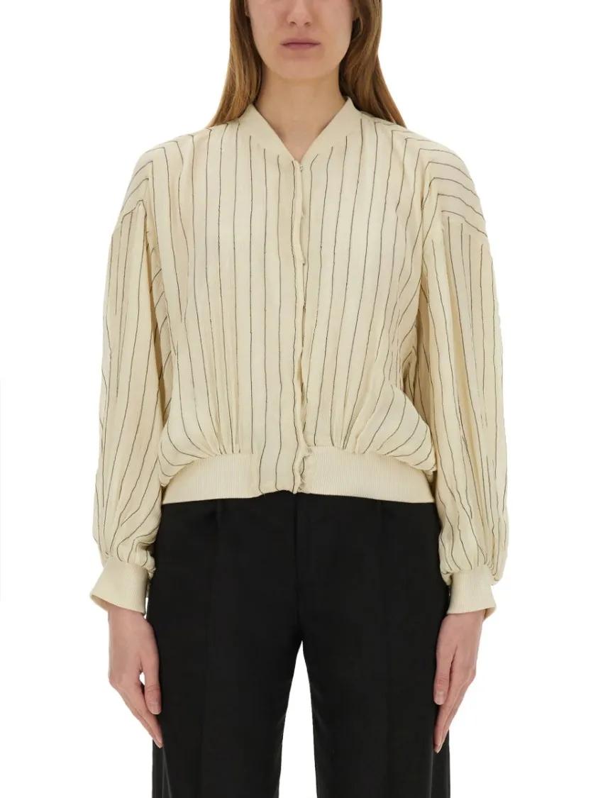 Thumbnail - Alysi - Silk Bomber Jacket With Subtle Stripes - Größe 42 - beige