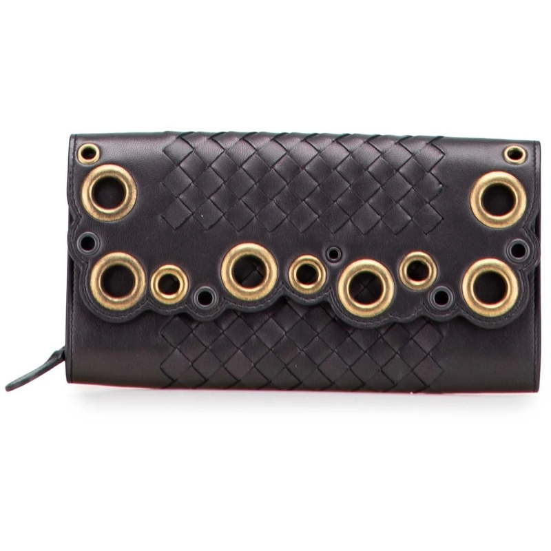 Bottega Veneta Geldbörse Nappa Intrecciato Grommet Scalloped Edge Long Wall schwarz