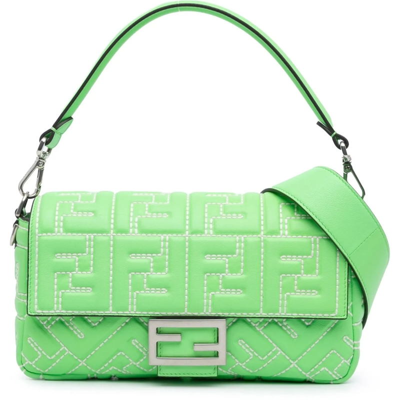 Fendi Schultertasche Zucca Embossed Stitched Leather Baguette Satchel grün