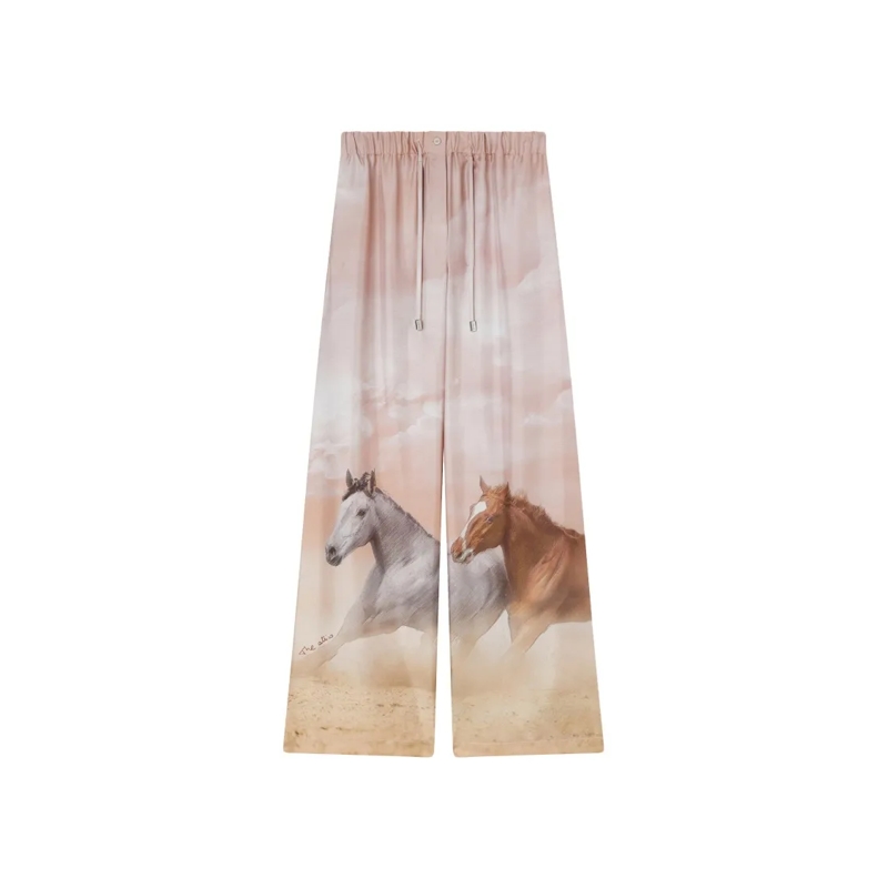 The Attico  Wide-Leg Silk Trousers With Artistic Horse Print Pink