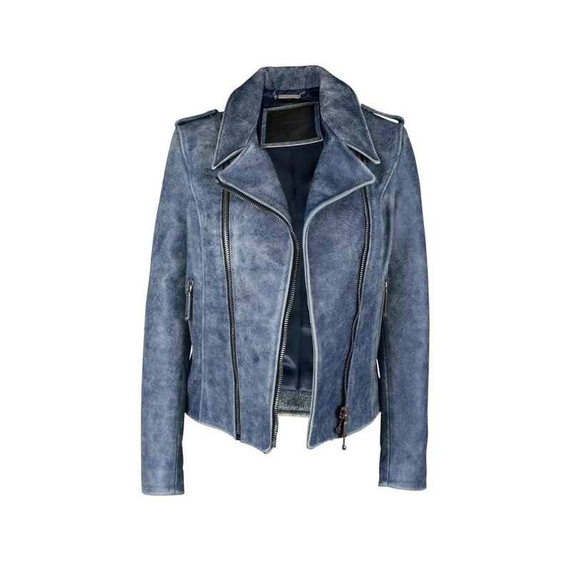 Philipp Plein Jeansjacke Aged Blue Leather Perfecto Jacket Blue