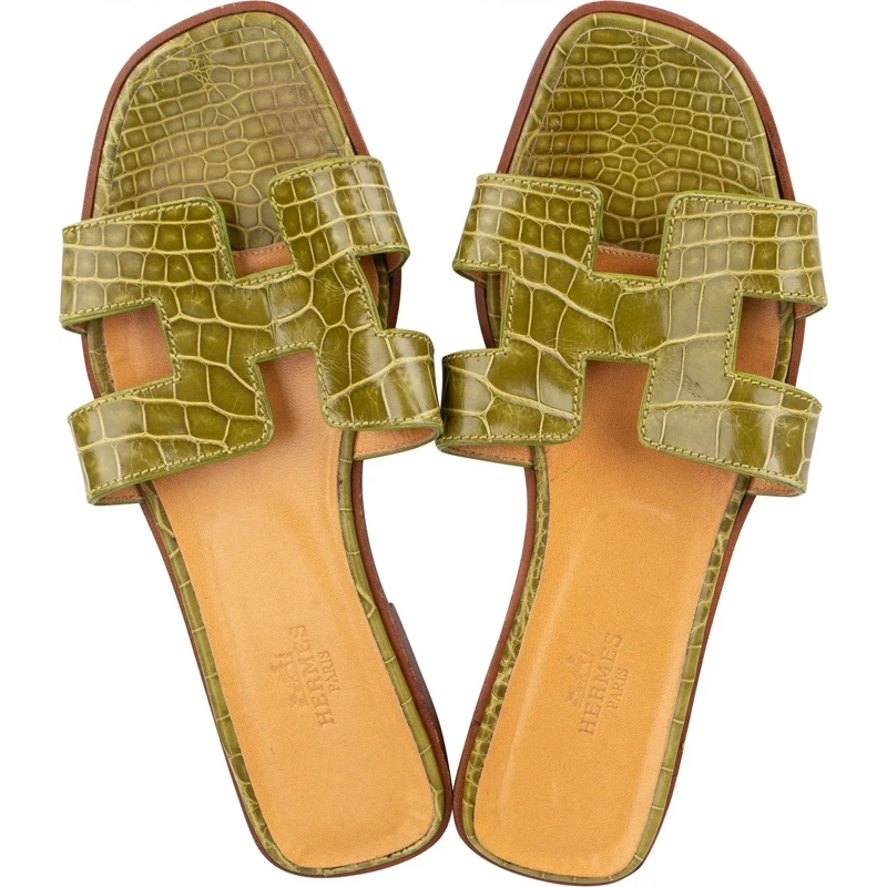 Hermès Sandalen Hermes Green Crocodile Oran Sandals (36) grün