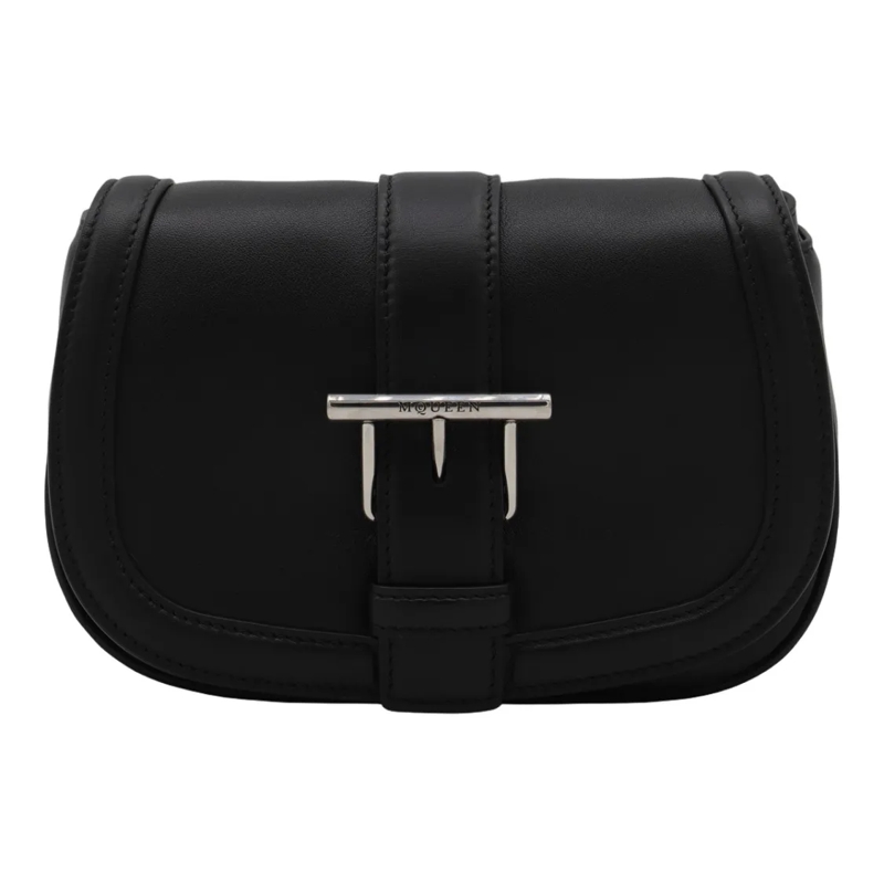 Alexander McQueen Schultertasche Sleek Black Shoulder Bag With Silver-Tone Buckle Black