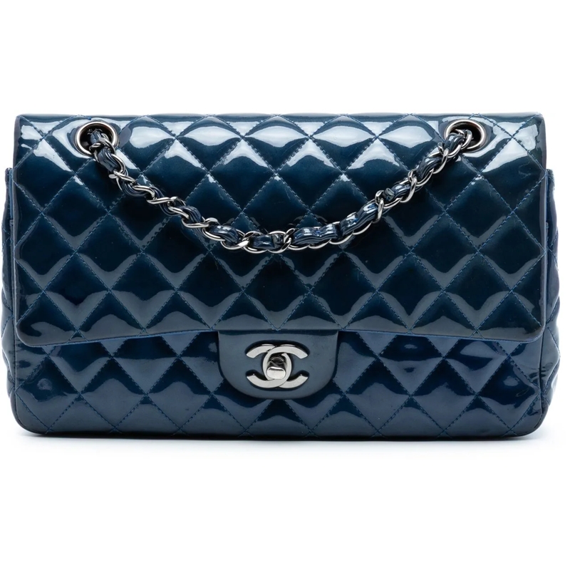Chanel Schultertasche Medium Classic Patent Double Flap blau