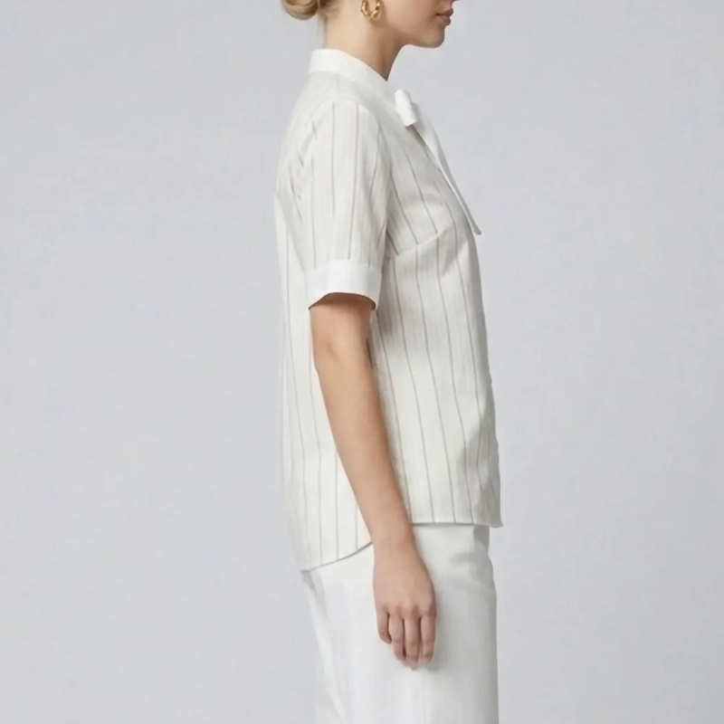 Helene Galwas Bluse Gestreifte Baumwollbluse mit Seidenschleifenkragen beige(Image 4)